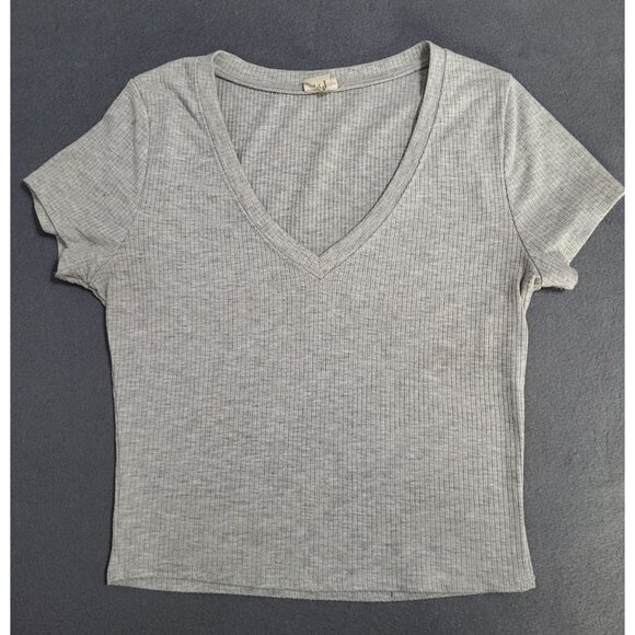 Cropped Ribbed V Neck Gray Knit Top destined sz M - Picture 1 of 7
